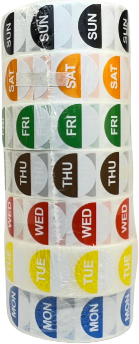 Removable Day of The Week Labels - 1000 Stickers for Each Day - 7,000 Total Labels - for Meal Prep & Restaurant FIFO Inventory Management - 1" Diameter