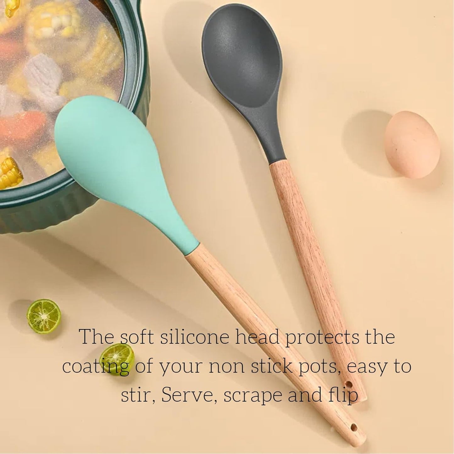 LorisArm Wooden Handle Silicone Spoon, 12" Rubber Spoon 4-Pack Nonstick Stirring Spoons for Baking Cooking and Mixing, Kitchen Serving Spoons (Grey, Green, White, Black).