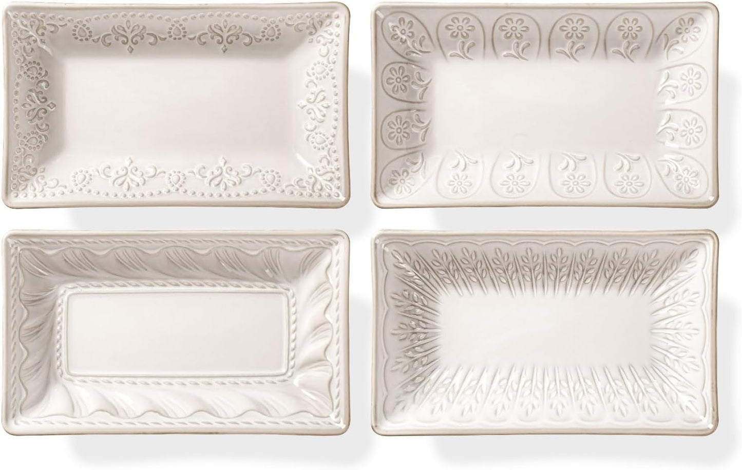 Artena 9.85" Ceramic Rectangle Plates Set of 4 - Deep Lipped Edges, Appetizer Salad Sushi Pasta Dessert Plates, Microwave/Oven Safe, Cute Kitchen Dinner Restaurant Serving Dishes (Wheat Leaf)
