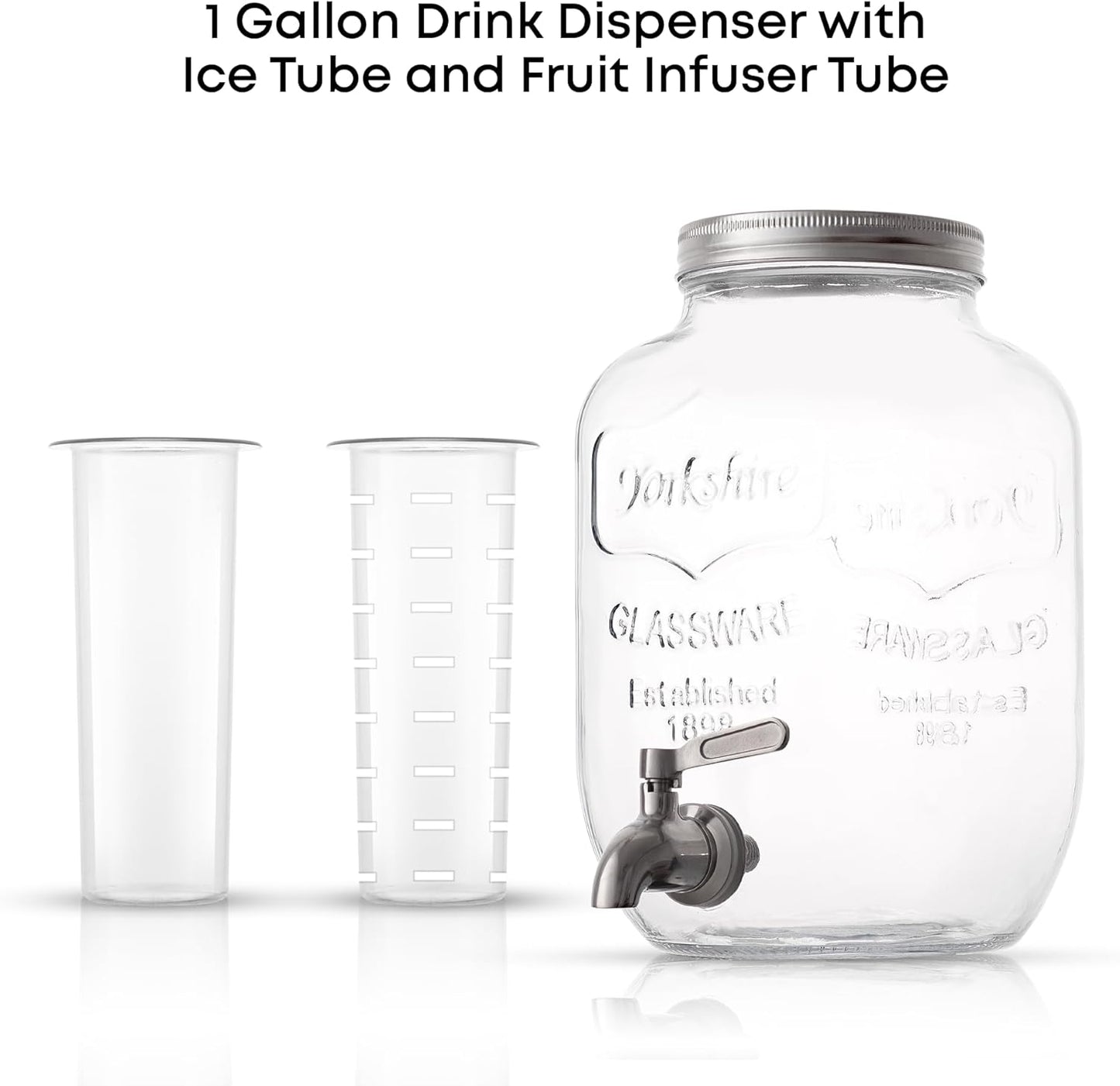 1-Gallon Drink Dispenser. Glass Beverage Dispenser with Stainless steel Spigot plus Ice Cylinder and Fruit Infuser! Water Dispenser, Lemonade Stand, Juice Container - Drink Dispensers for Parties
