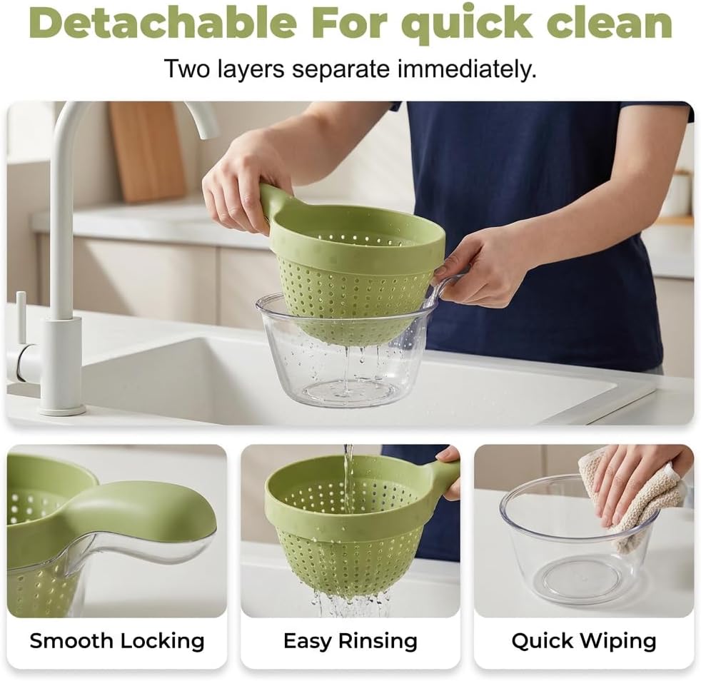 2-in-1 Detachable Fruit Washing Basket, Double-Layer Strainer Colander Bowl Set with Ergonomic Handle, BPA-Free Mess-Free Drain Bowl for Berries/Vegetables/Pasta, 7.48" Small Kitchen Colander (Green)