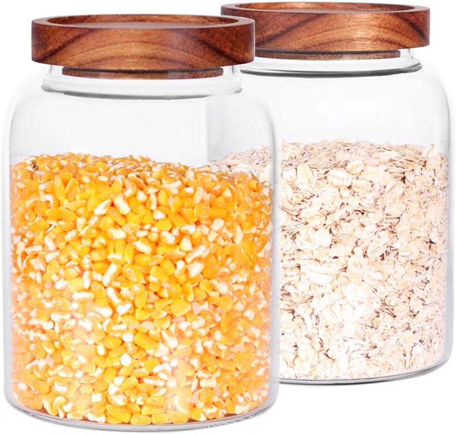 Large Glass Jar with Airtight Lid Set of 2 93 FL OZ(2750ml) glass canister set, Glass Food Containers Wooden Lid Suit for Kitchen Pantry for Flour, Tea, Coffee Beans, Sugar, Cookies(8.8 inch high)