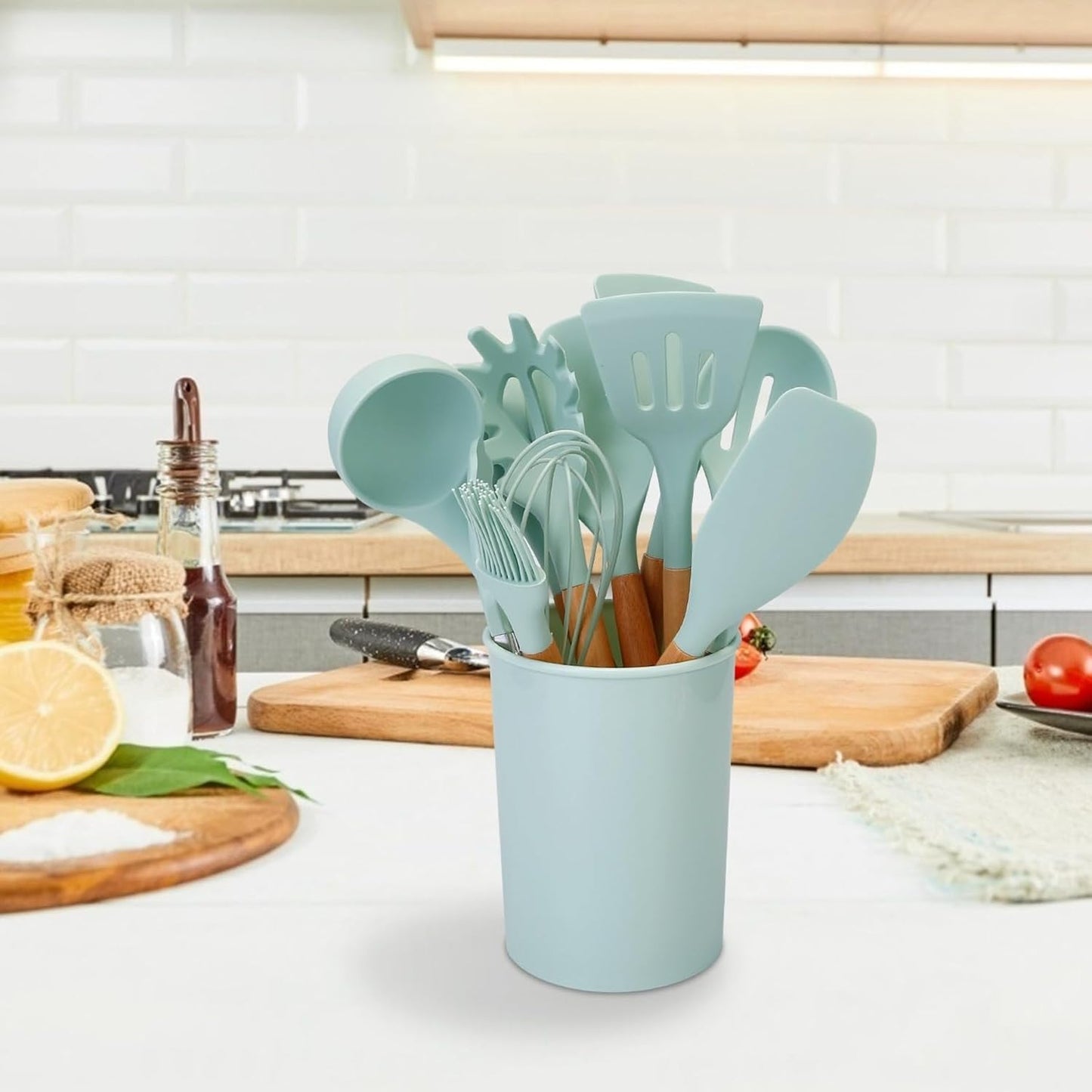 11Pcs Silicone Cooking Utensils Set with Wooden Handle, Heat Resistant Kitchen Utensil Set incl Spatula, Ladle, Tongs & Whisk, Non-Stick & Dishwasher Safe w/Holder