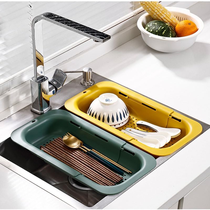 NIWWIN Collapsible Kitchen Colander Strainer, Expandable Over the Sink Colander for Kitchen, Adjustable Silicone Portable Sink Strainer, Foldable Wash Fruits Vegetables Noodle Basket (Green)