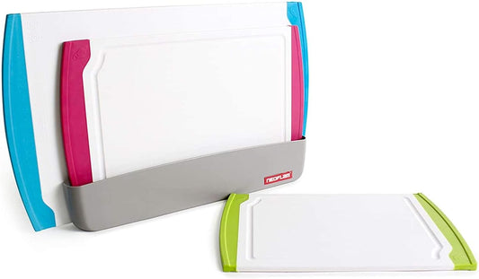 Neoflam 2 Piece Plastic Cutting Board Set, Microban Protection, Stain & Odor Free, Extra Large, BPA Free, Juice Groove, Non Slip, Dishwasher Safe, Easy Grip Handle, White Green