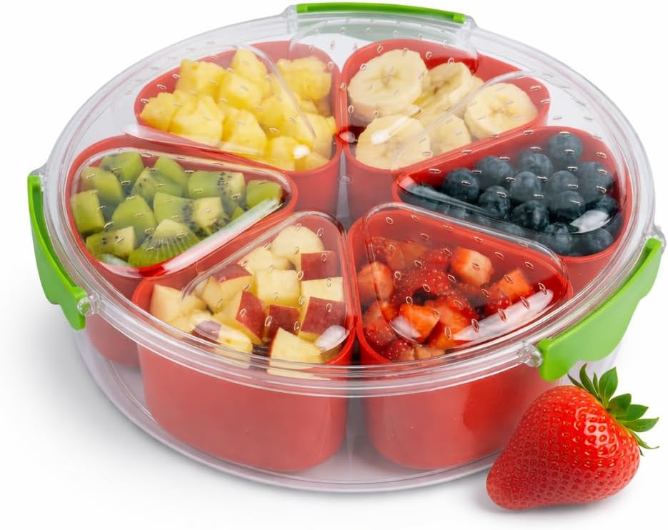 Divided Serving Tray with Lid,Stackable Snackle Box Strawberry Container for Fruits Candy Organizer, Portable Rounded Veggie Tray for Kitchen, Party, Trave and Picnic (Pink)