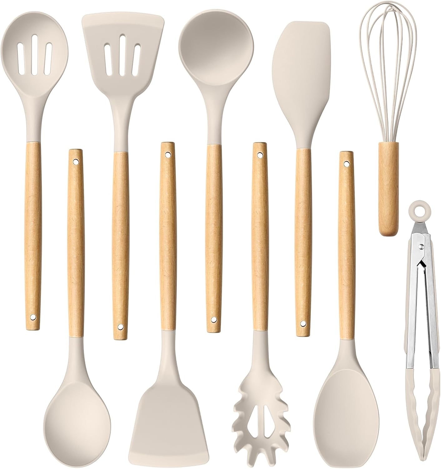 HaWare Silicone Cooking Utensils Set, 10-Piece Chef Kitchen Non-Stick Cookware with Wooden Handle, 450°F Heat Resistant - Khaki