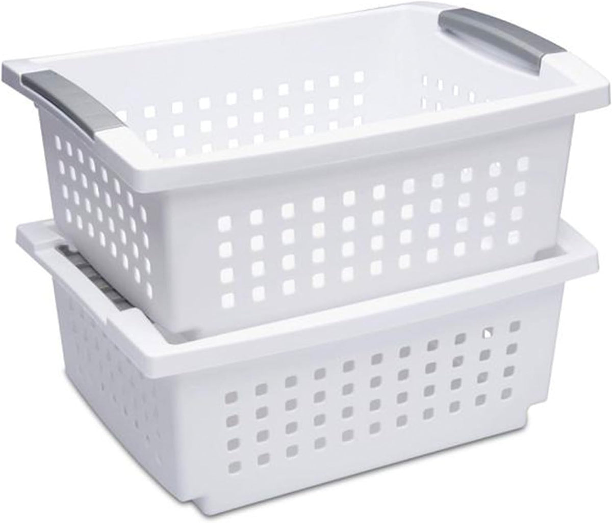 Sterilite Medium Stacking Basket, Plastic Storage Bin to Organize Countertops, Shelves, Closets, Classroom, Bathroom, and Dorm, White with Gray Handles, 4-pack