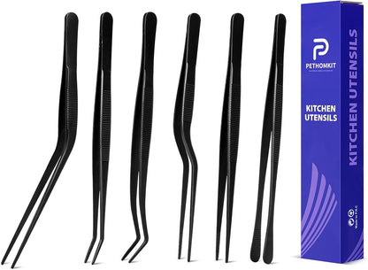 Kitchen Tweezer Tongs Set for Chef Food Plating,6 Pcs,6.3", Black