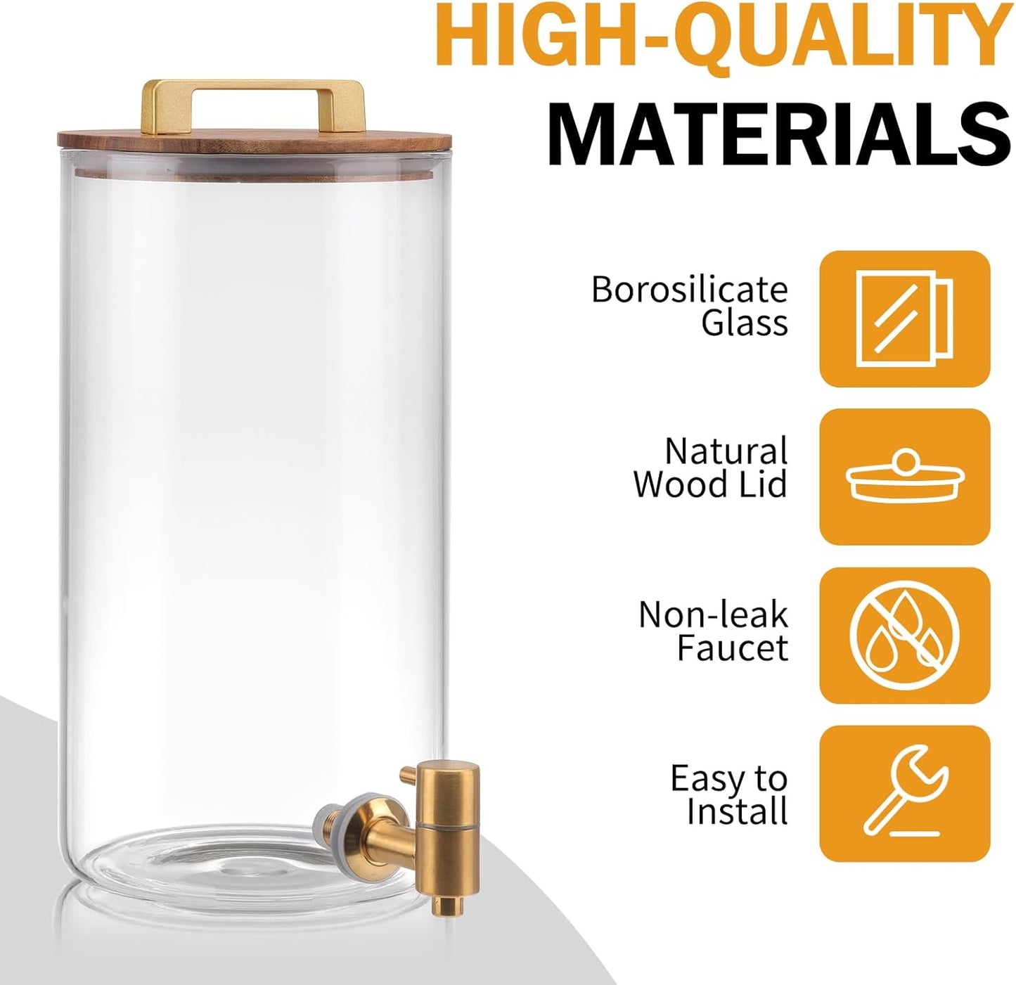 2 PCS 1.5 Gallon Glass Drink Dispenser, Beverage Dispenser With Wood Stand, Lid and Stainless Steel Spigot, Large Water Dispenser for Parties, Perfect for Lemonade, Juice, Tea and Daily Drinks