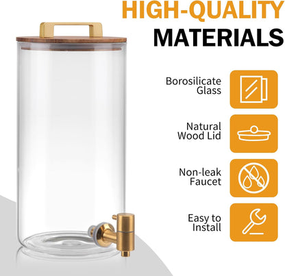 2 PCS 1.5 Gallon Glass Drink Dispenser, Beverage Dispenser With Wood Stand, Lid and Stainless Steel Spigot, Large Water Dispenser for Parties, Perfect for Lemonade, Juice, Tea and Daily Drinks