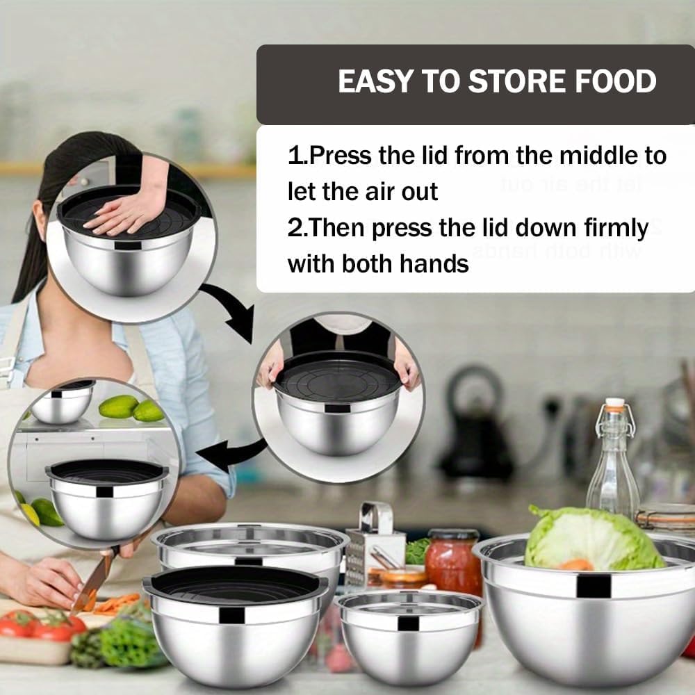 Mixing Bowls with Lids Set, Stainless Steel, 7 Sizes (0.7-4.5QT), with 3 Grater Attachments, Nesting, Dishwasher Safe, for Cooking, Baking and Serving (Khaki-7 Sizes)