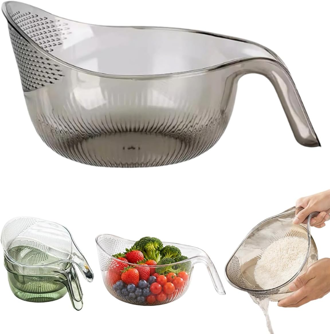 Multipurpose Rice Washing Bowl Strainer with Handle，Transparent：Small+Large