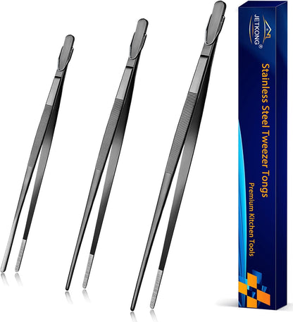 JETKONG 3 Pcs Extra Long Kitchen Tweezers 9 12 14 Inch Heavy Duty Stainless Steel Cooking Tweezers (Round Tips, Silver)