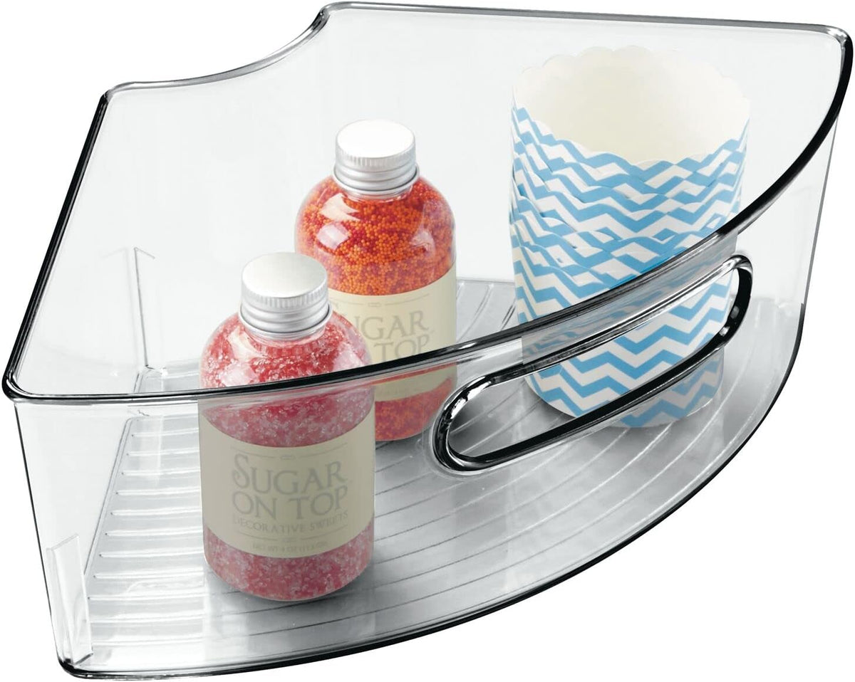 mDesign Plastic Lazy Susan Cabinet Storage Bin with Front Handle for Kitchen Countertop, Pantry, Shelf, Fridge Organization - Hold Food, Drinks, Snacks - Ligne Collection - 4 Pack - Smoke Gray