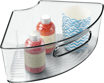 mDesign Plastic Lazy Susan Cabinet Storage Bin with Front Handle for Kitchen Countertop, Pantry, Shelf, Fridge Organization - Hold Food, Drinks, Snacks - Ligne Collection - 4 Pack - Smoke Gray