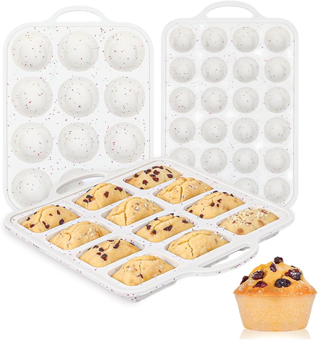 CAKETIME Silicone Muffin Pan - Cupcake Pan, Mini Loaf Pan Silicone Baking Molds Food Grade 3-Pack