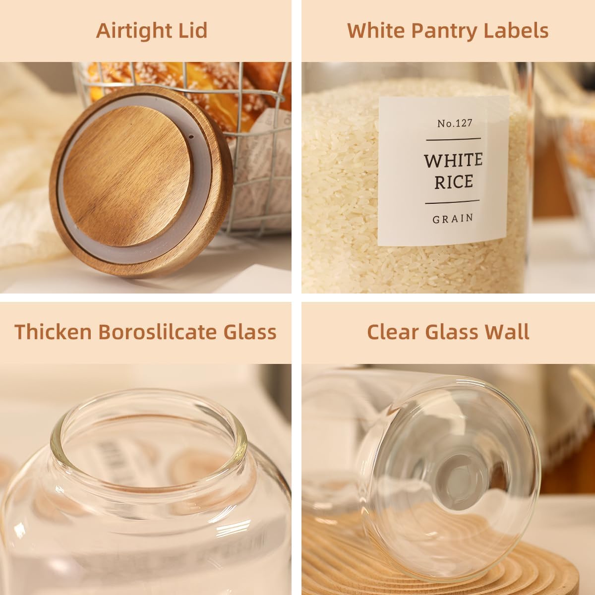 2 Pack Large Glass Flour and Sugar Storage Containers with Airtight Acacia Wood Lids and 132 Kitchen Pantey Labels Preprint - 1 Gallon Borosilicate Glass Canister Sets for Food,Pasta,Cookie,Rice