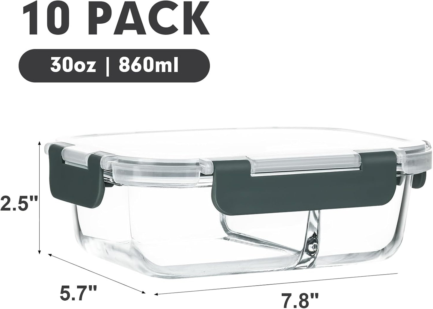 M MCIRCO [10-Pack,30 Oz Glass Meal Prep Containers 2 Compartments Airtight Lunch Bento Boxes with Lids, Glass Food Storage Containers, Microwave, Oven, Freezer and Dishwasher, White