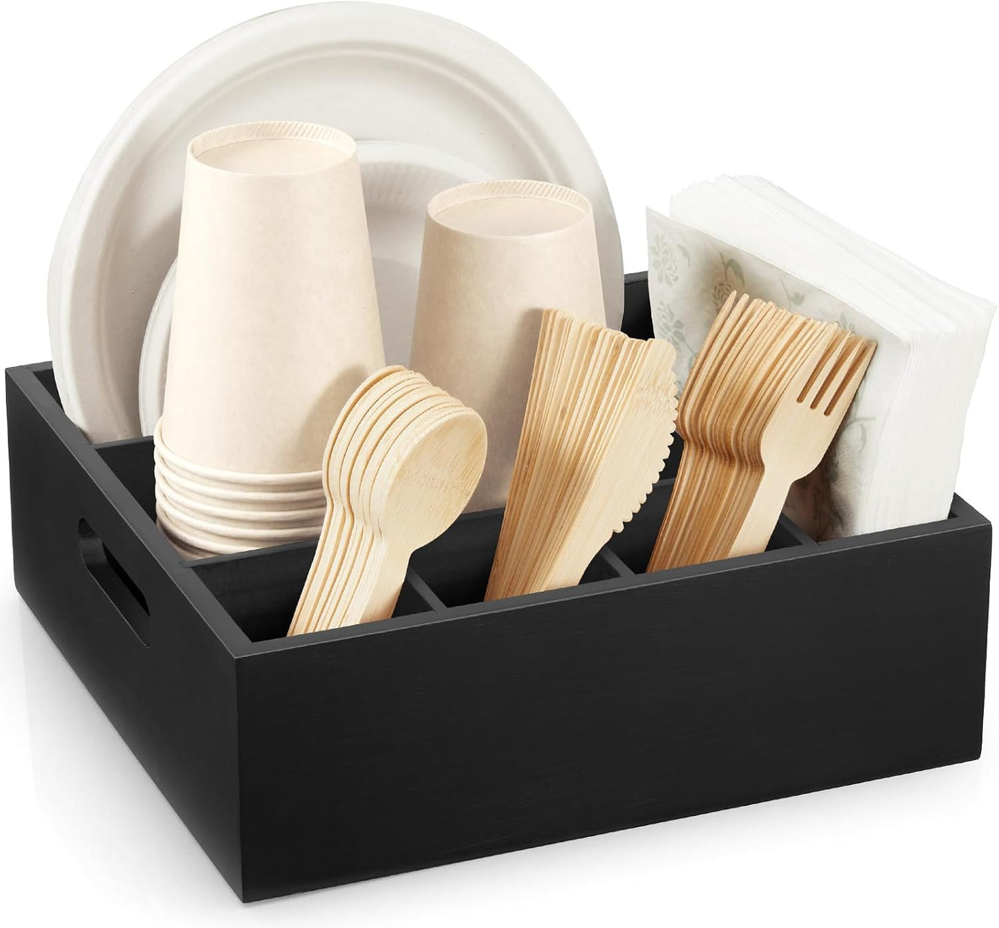 Acacia Wood Utensil Holder for Party, 6-Compartment Paper Plate and Silverware Organizer with Handles, Rustic Utensil Caddy for Parties, Outdoor Gatherings, and Kitchen Countertop Organization