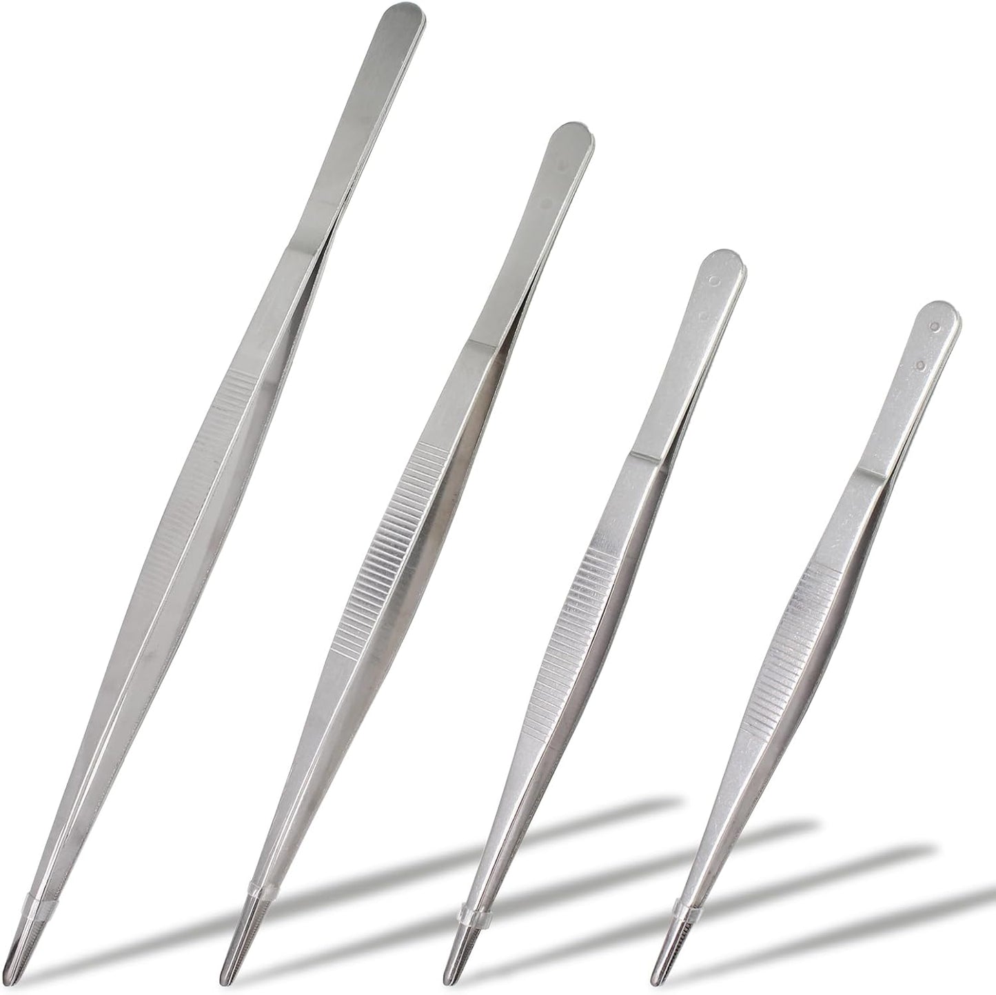 4Pcs 304 SS Tweezers Set 7-12 Inch Serrated Straight Tips | Ergonomic Non-Slip Handle, Thickened Sturdy Build, Blunt Rounded Tips, for Cooking Baking Crafts Aquarium Terrarium