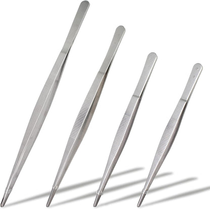 4Pcs 304 SS Tweezers Set 7-12 Inch Serrated Straight Tips | Ergonomic Non-Slip Handle, Thickened Sturdy Build, Blunt Rounded Tips, for Cooking Baking Crafts Aquarium Terrarium