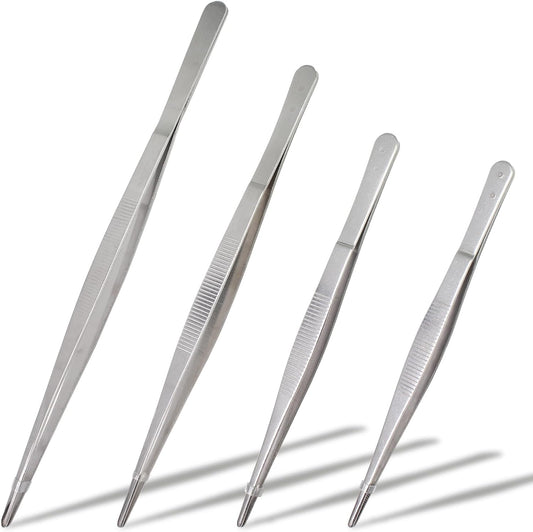 4Pcs 304 SS Tweezers Set 7-12 Inch Serrated Straight Tips | Ergonomic Non-Slip Handle, Thickened Sturdy Build, Blunt Rounded Tips, for Cooking Baking Crafts Aquarium Terrarium