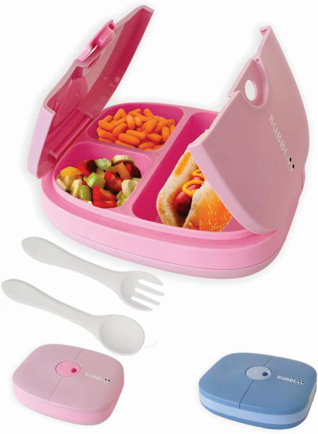 BUBBLOO Bento Box for Kids with Silverware - 3 Compartment Ideal Portion Sizes - BPA Free Removable Plastic Tray - Leak Proof Kids Lunch Box, Pink