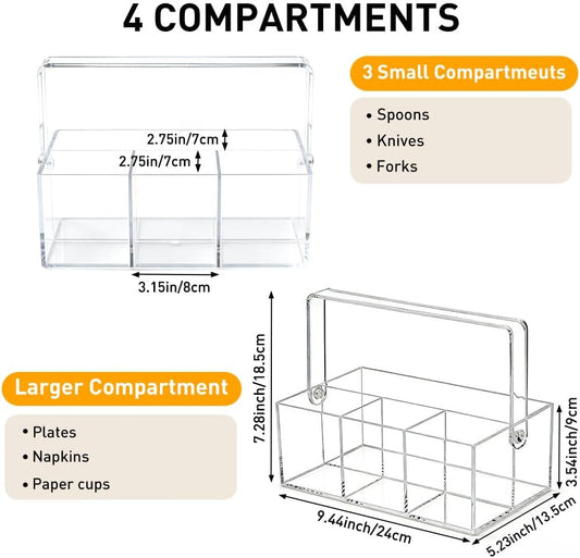 Acrylic Silverware Organizer, Utensil Holder-Heavy-Duty Countertop, Cutlery and Flatware for Spoons, Forks, Knives, Napkins, Plates, Buffet, Picnic Party