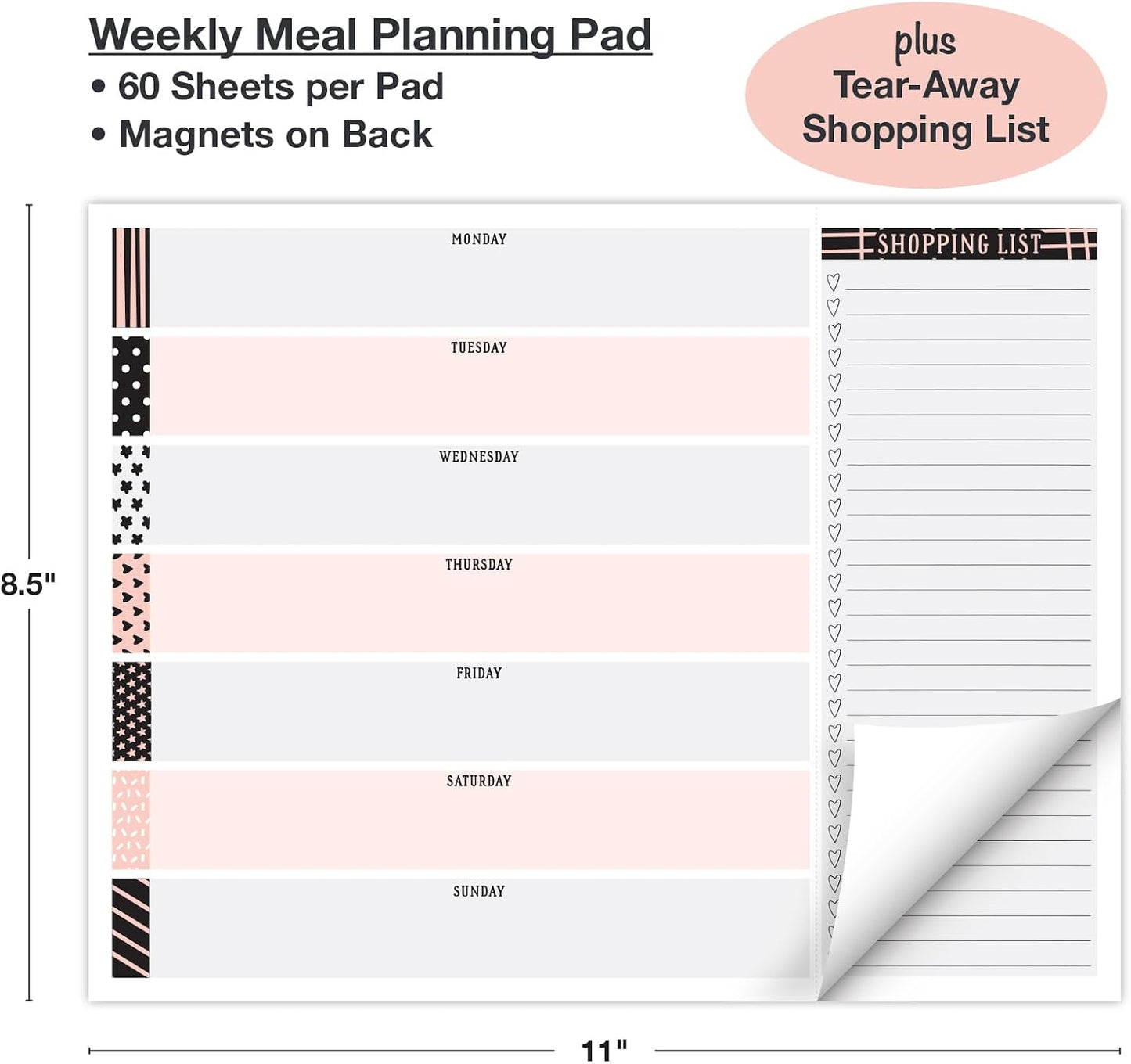 Global Printed Products 8.5" x 11" Horizontal Meal Planning Pad, 60-Sheets, Soft Pink Floral