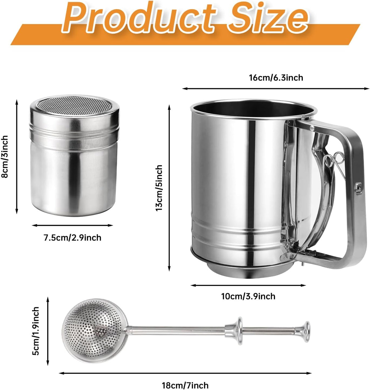 Flour Sifter, 3 in 1 Stainless Steel Sifter for Baking, 3 Cup Double Layer Fine Mesh Sifter, Powdered Sugar Shaker Duster Set for Baking Cakes, Pastries, Pies, Cupcakes and Desserts