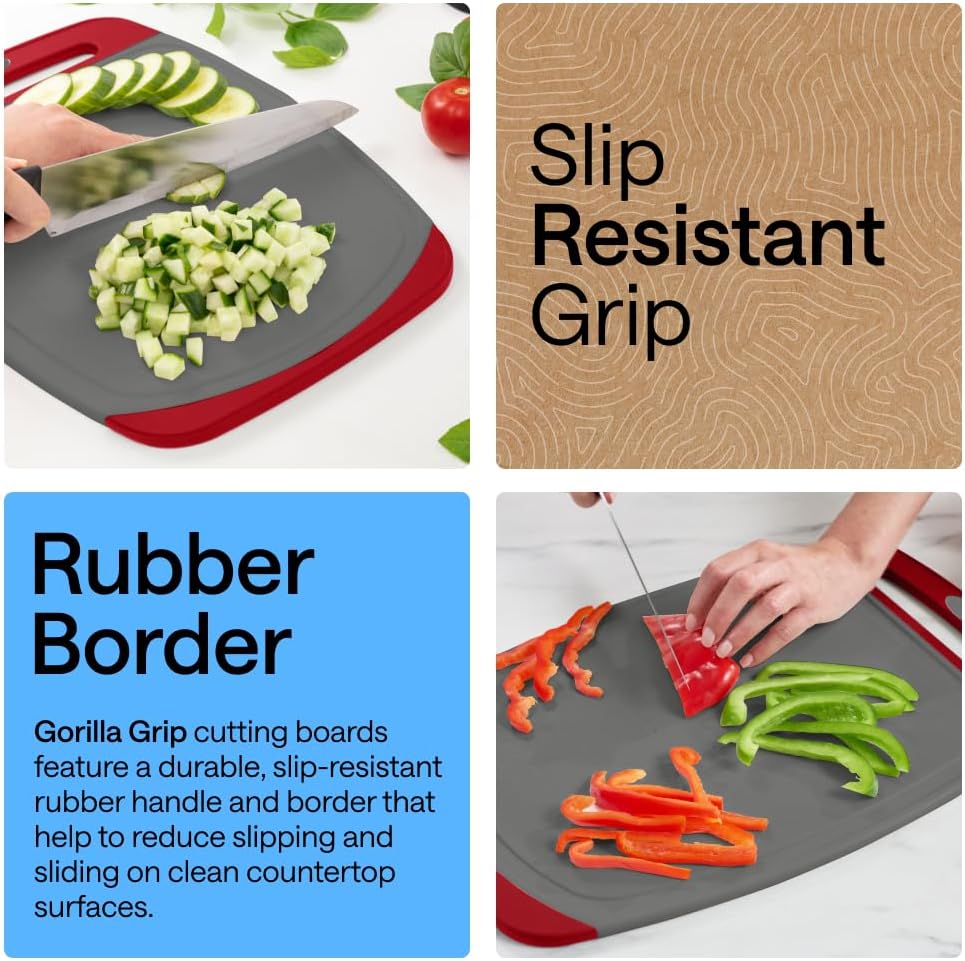 GORILLA GRIP BPA-Free Reversible Kitchen Cutting Board Set of 3, US Designed, Nonporous, Juice Grooves Catch Liquid, Slip Resistant Border, Dishwasher Safe, Durable Large Food Chopping Boards, Black