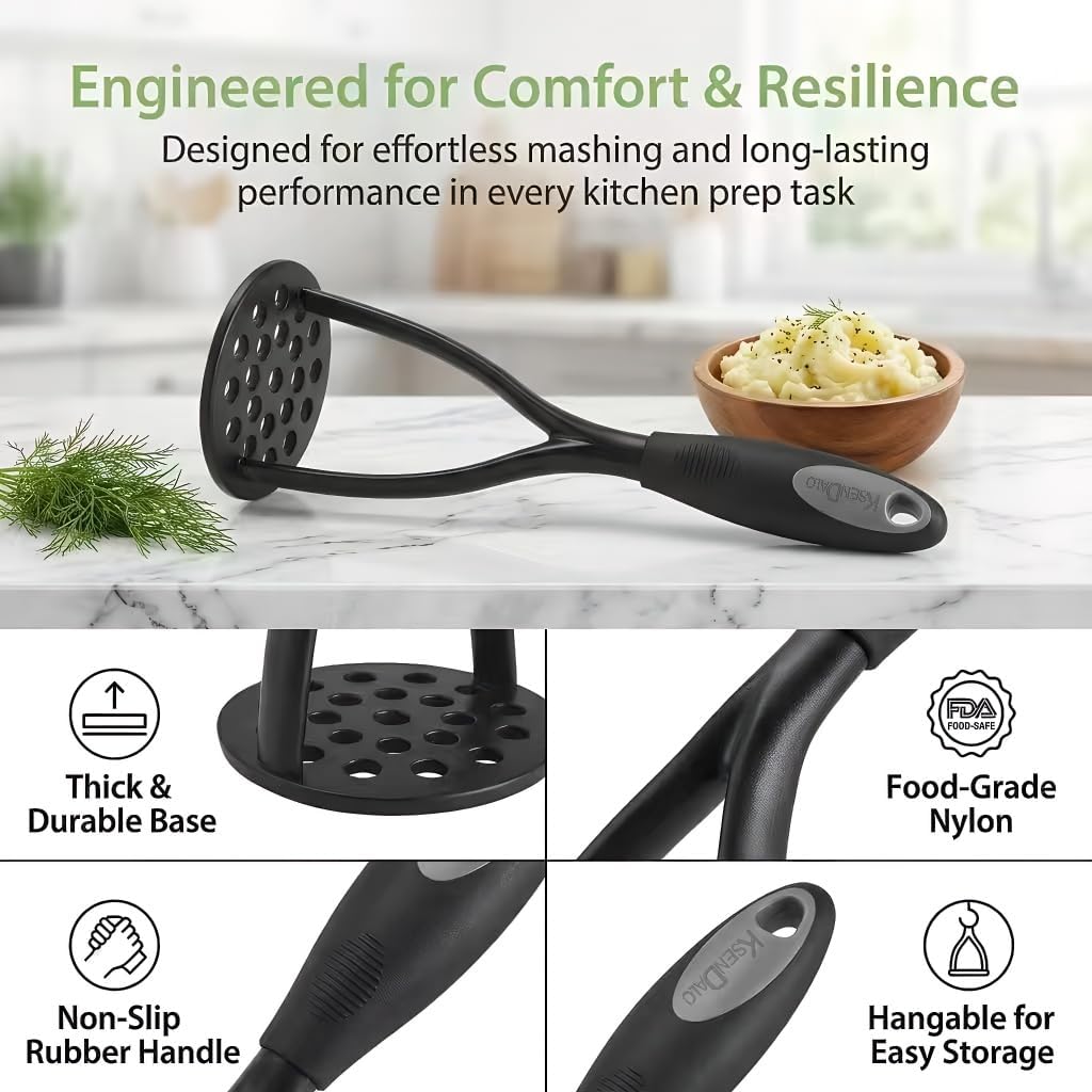 KSENDALO Potato Masher, Thick Nylon Blade Non-Scratch Masher