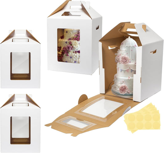 Wowxyz 3 Pack Tall Cake Boxes for Tier Cakes 12x12x14 Inch Disposable Layer Tall Baking Carrier with Window Large Tierd Bakery Take Out Transport Containers with Handle for Wedding, Birthday, Party