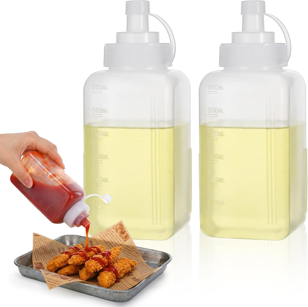 Large Squeeze Bottles for Sauces, 600ML/20oz Wide Mouth Salsa Dispenser Bottle with Lid, Square Condiment Squeeze Bottles for Mayo BBQ Tomato Salad Sauce Spaghetti Pasta Sauce Bottle