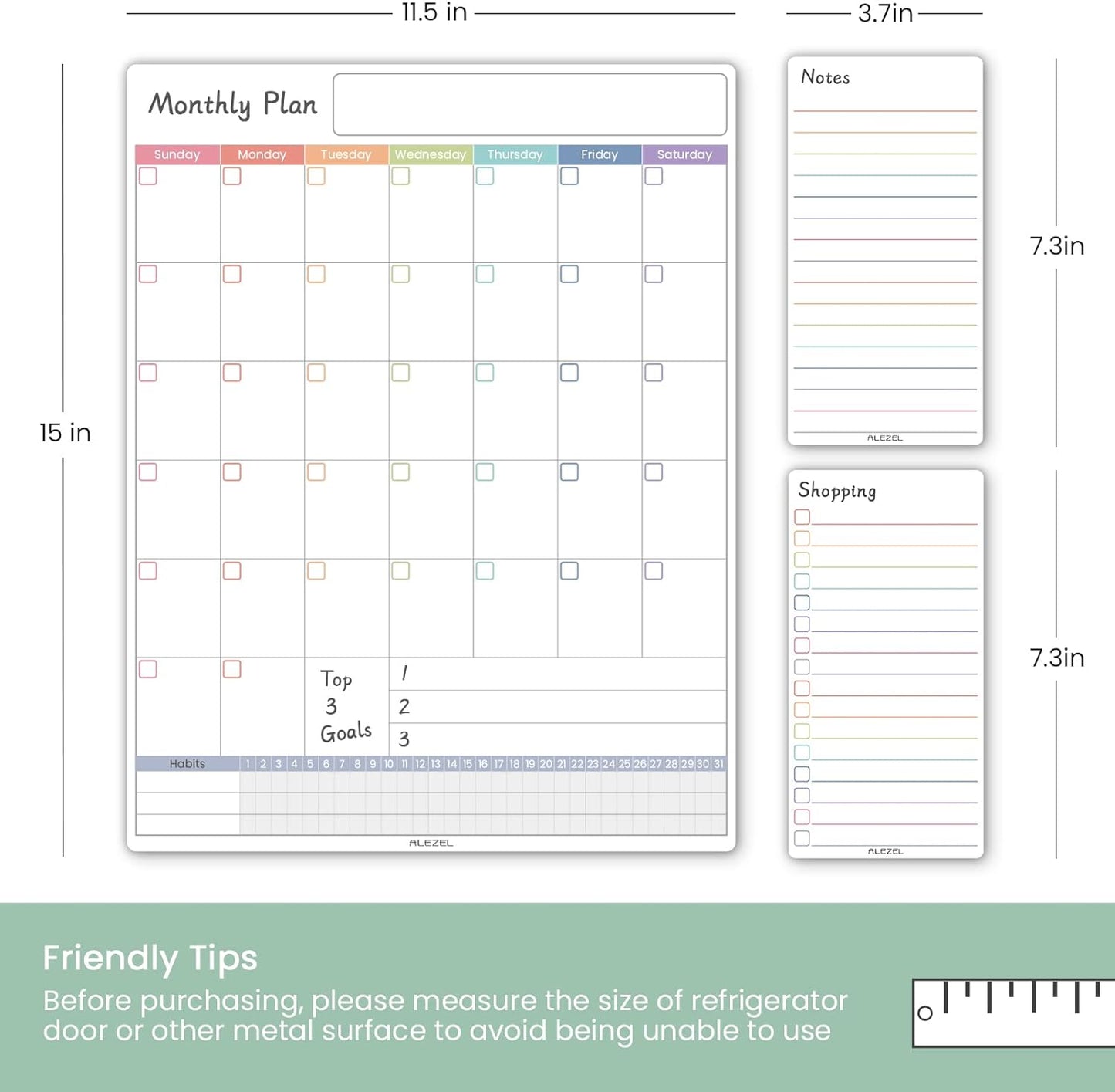 ALEZEL Magnetic Dry Erase Calendar for Fridge, Greenery Monthly Fridge Calendar Whiteboard Set - Vertical Monthly Calendar for Refrigerator, Grocery & to Do List White Board, 3 Markers + Eraser