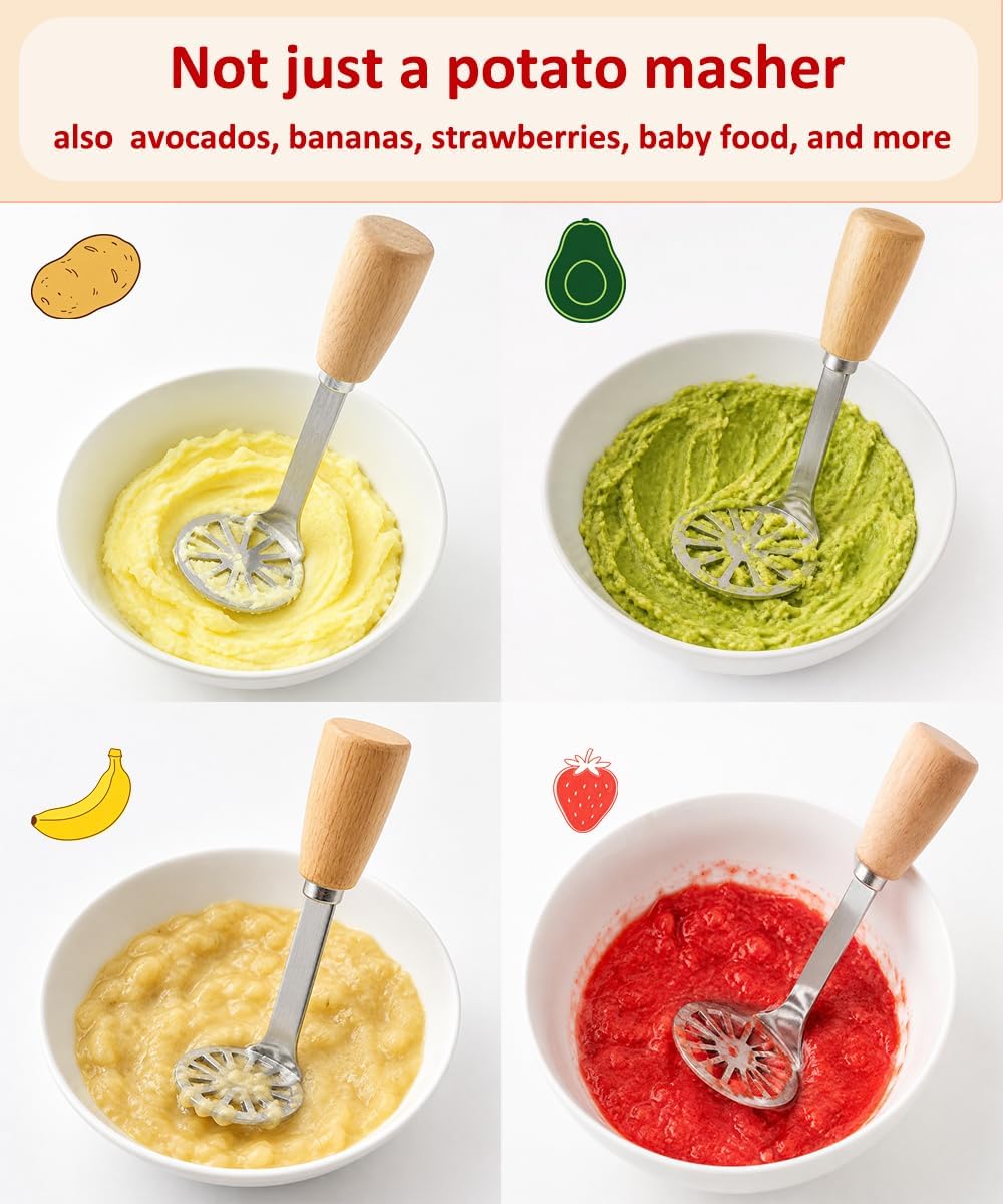 Small Potato Masher,Stainless Steel Tool Ergonomic Non‑Slip Wooden Handle