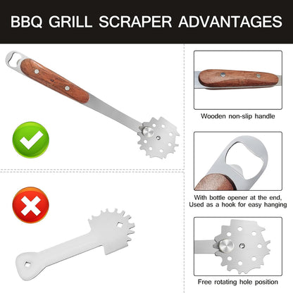 1 PCS Stainless Steel BBQ Grill Scraper,Wooden Handle Metal Barbecue Grill Grate Cleaner,Adjustable Brush Head,Grill Cleaner Tool Grill Scraper with Bottle Opener Works with Most Grill Grates