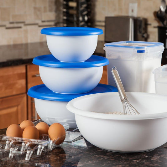 Sterilite 07479406 8 Piece Covered Bowl Set, White & Blue