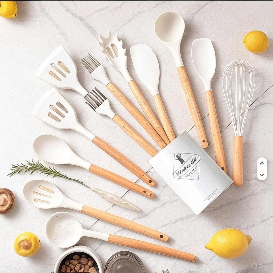 14-Piece Silicone Cooking Utensil Set with Wooden Handles & Storage Holder – Heat-Resistant, Non-Stick Safe, Oven Safe – White