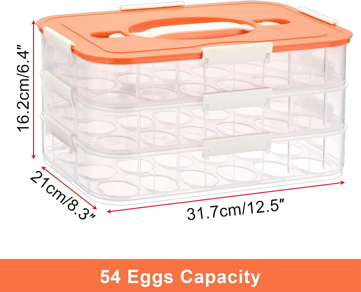 BTSKY Deviled Egg Platter with Lid, 3-Layer 54 Slots Deviled Eggs Carrier, Clear Portable Egg Holder for Fridge Reusable Deviled Eggs Tray Carton Box for Easter and Party Favor (3-Layer, Orange)