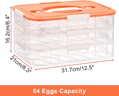 BTSKY Deviled Egg Platter with Lid, 3-Layer 54 Slots Deviled Eggs Carrier, Clear Portable Egg Holder for Fridge Reusable Deviled Eggs Tray Carton Box for Easter and Party Favor (3-Layer, Orange)