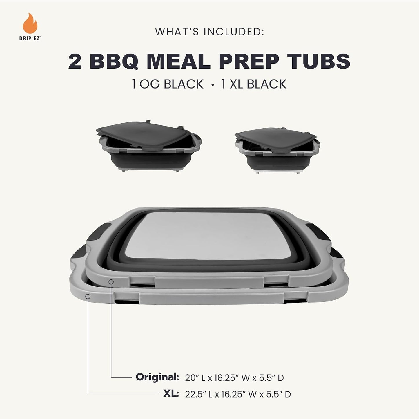 Drip EZ Collapsible BBQ Prep Tubs 2-Piece Set- For Meal Prep Marinating Food Storage - Includes Cutting Board & Lid - (2) XL - Black