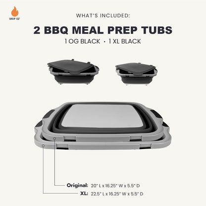 Drip EZ Collapsible BBQ Prep Tubs 2-Piece Set- For Meal Prep Marinating Food Storage - Includes Cutting Board & Lid - (2) XL - Black