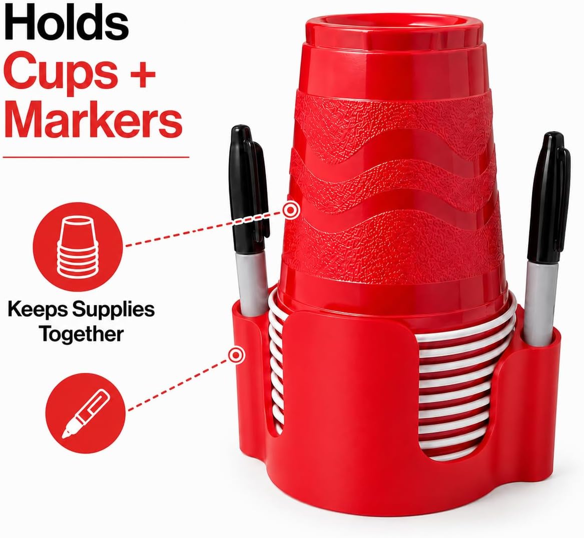 Party Cup Dispenser with Marker Holder – Stackable Plastic Cup Organizer for Parties, Events, BBQs, Picnics, Graduations & Drink Stations, Cup and Marker Caddy, Black (Red)