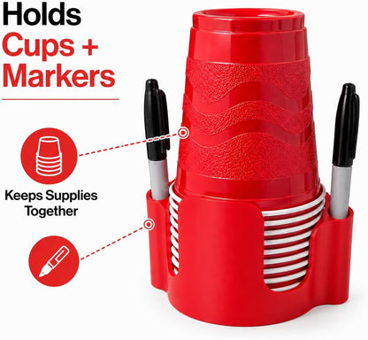 Party Cup Dispenser with Marker Holder – Stackable Plastic Cup Organizer for Parties, Events, BBQs, Picnics, Graduations & Drink Stations, Cup and Marker Caddy, Black (Red)
