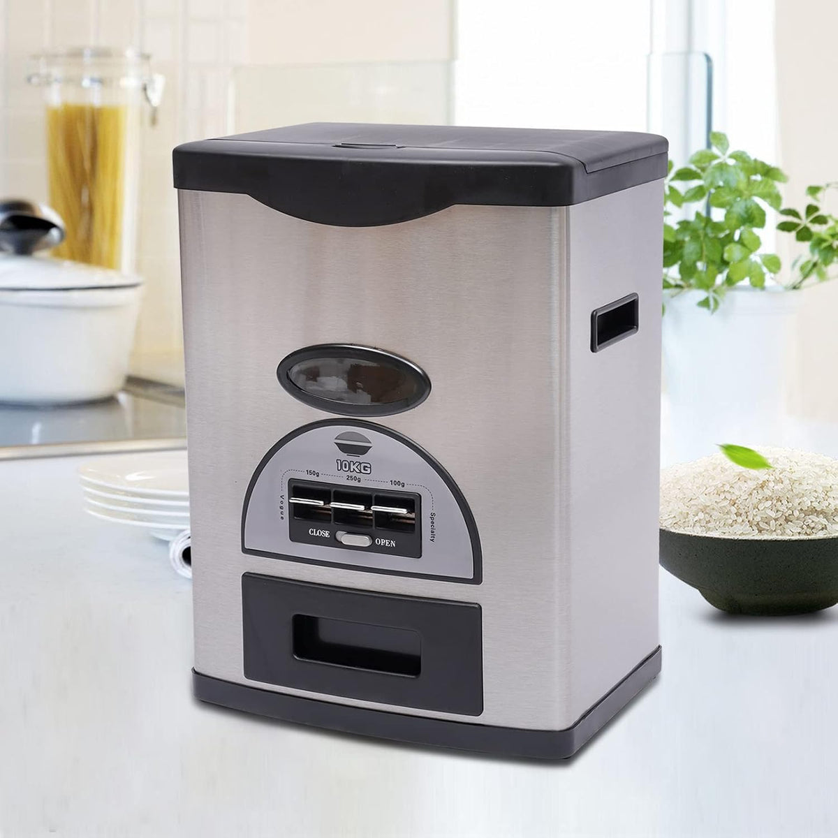 Auto Rice Dispenser Container, Stainless Steel Rice Dispenser, 15kg/33lb Large Capacity Automatic Rice Storage Container Kitchen Rice Dispenser Countertop, Silver