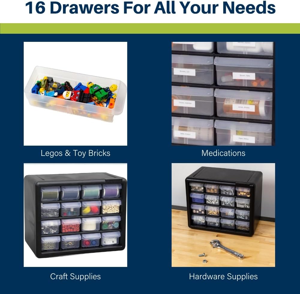 Akro-Mils 44-Drawer Plastic Drawer Storage Cabinet for Garage Organization, Bead Organizer, Building Bricks Storage, Teacher Toolbox, Makeup Organizer, 20" W x 6" D x 16" H, 10144 Black
