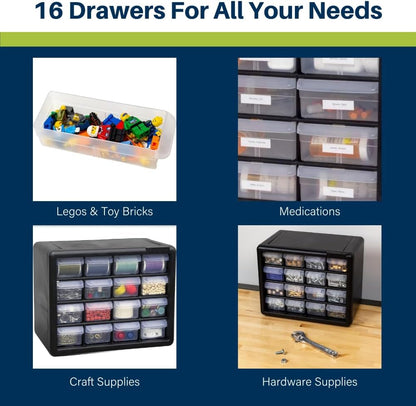 Akro-Mils 44-Drawer Plastic Drawer Storage Cabinet for Garage Organization, Bead Organizer, Building Bricks Storage, Teacher Toolbox, Makeup Organizer, 20" W x 6" D x 16" H, 10144 Black