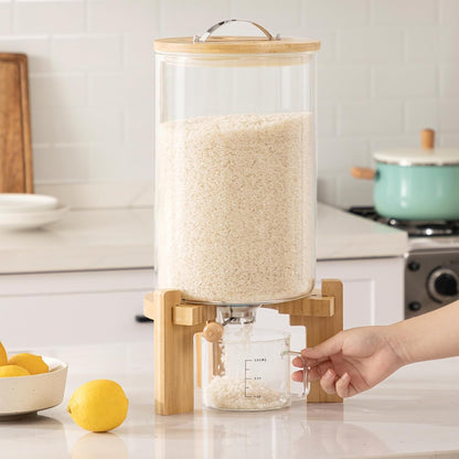 HBlife 5-7 Lbs Glass Rice Dispenser with Wooden Stand Flour and Cereal Container with Glass Measuring Cup Pantry Food Organization Storage Bin with Airtight Bamboo Lid, 3L